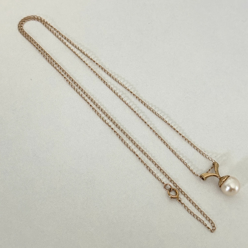14K Yellow Gold Genuine Cream Pearl Small Pendant Chain Necklace 17"